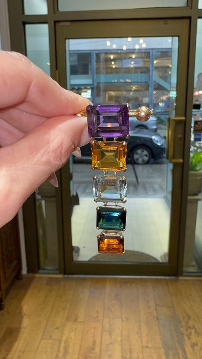 Vintage 18 Carat Rose Gold Emerald Cut Multi-Gemstone Banner Style Drop Brooch