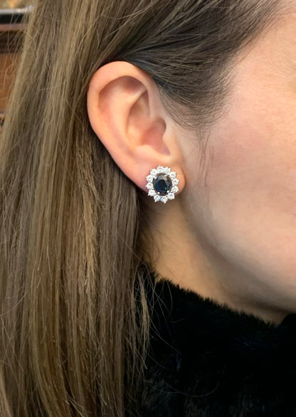 Sapphire and Diamond Cluster 18 Carat White Gold Stud Earrings