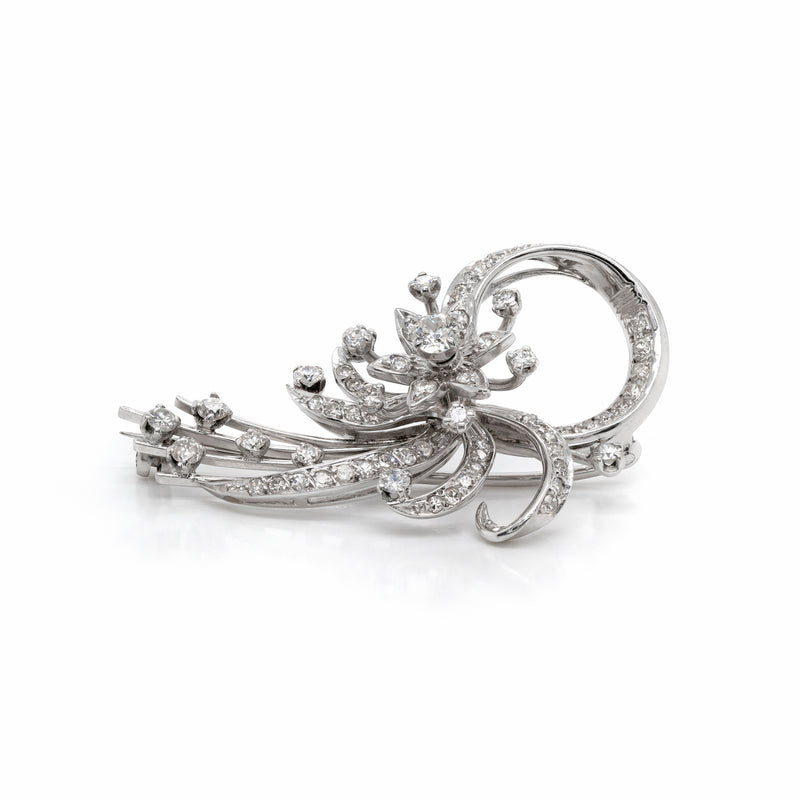 Vintage Old Cut Diamond Platinum Spray Brooch, Circa 1950s