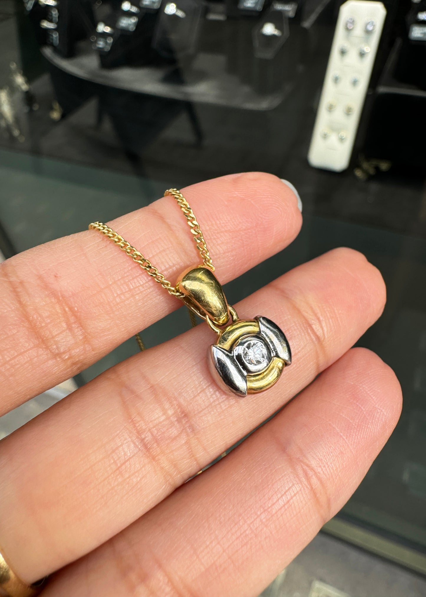 Diamond 18 Carat Yellow and White Gold Circular Pendant Necklace