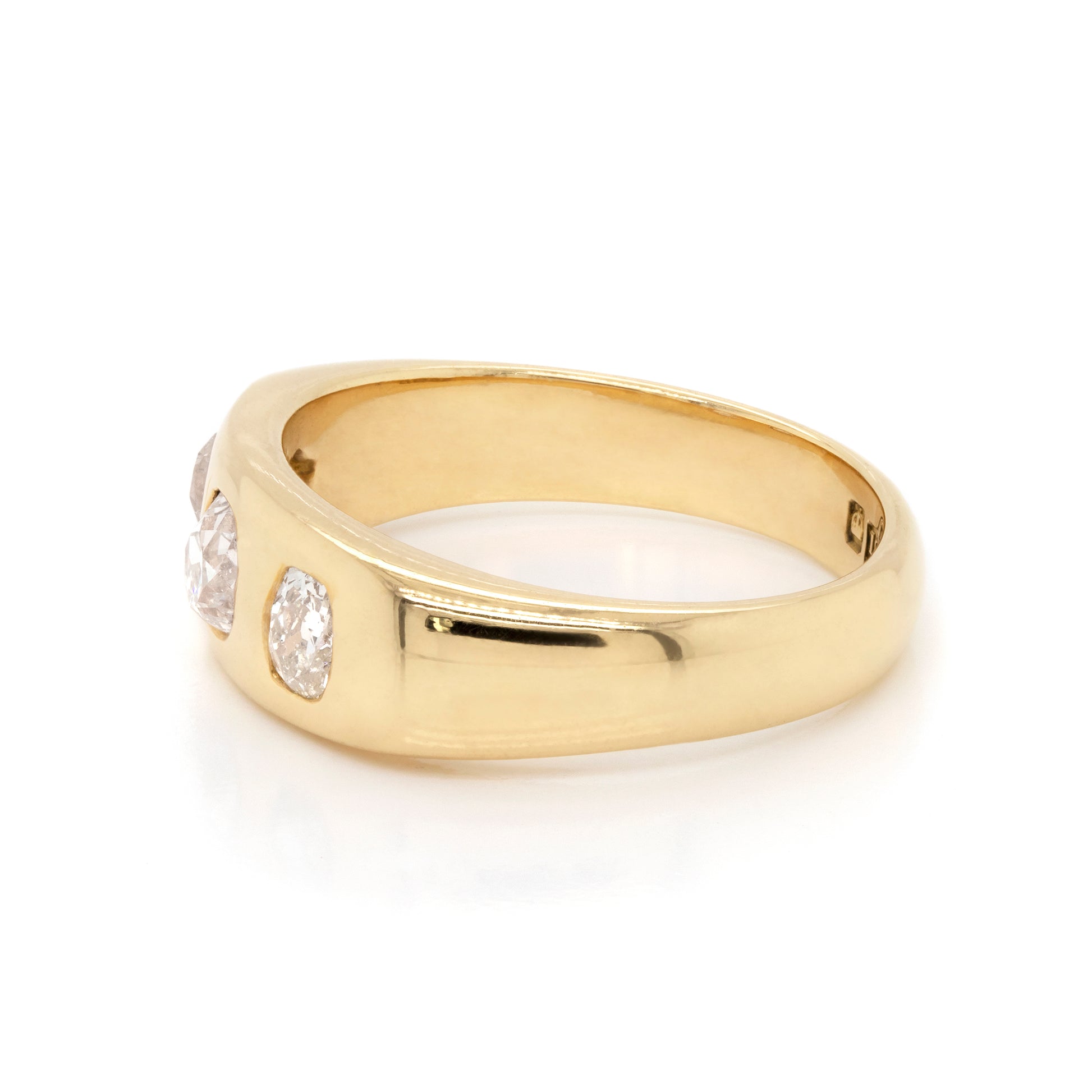 antique gents ring, dating from 1919, features three old mine cut diamonds with a total carat weight of 1.04 carats - side view