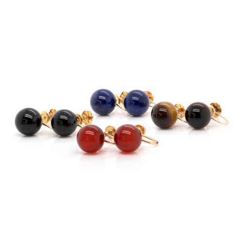 c.1970's Tiffany&Co. Onyx, Tiger Eye, Carnelian & Lapis Lazuli 14K Gold Earrings