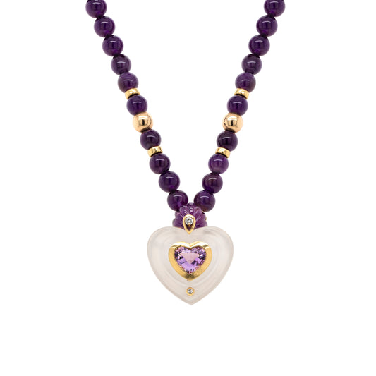Amethyst, Diamond & Rock Crystal 18K Yellow Gold Beaded Heart Pendant Necklace