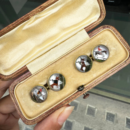 Antique Essex Crystal Horse Riding Scene 18ct Gold Round Cufflinks
