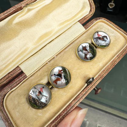 Antique Essex Crystal Horse Riding Scene 18ct Gold Round Cufflinks