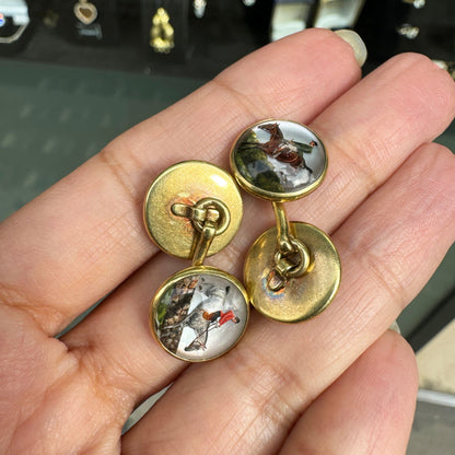 Antique Essex Crystal Horse Riding Scene 18ct Gold Round Cufflinks