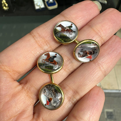 Antique Essex Crystal Horse Riding Scene 18ct Gold Round Cufflinks