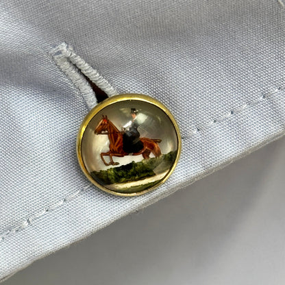 Antique Essex Crystal Horse Riding Scene 18ct Gold Round Cufflinks