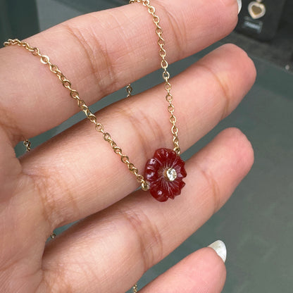 Carnelian and Diamond Flower Pendant 18ct Yellow Gold Necklace