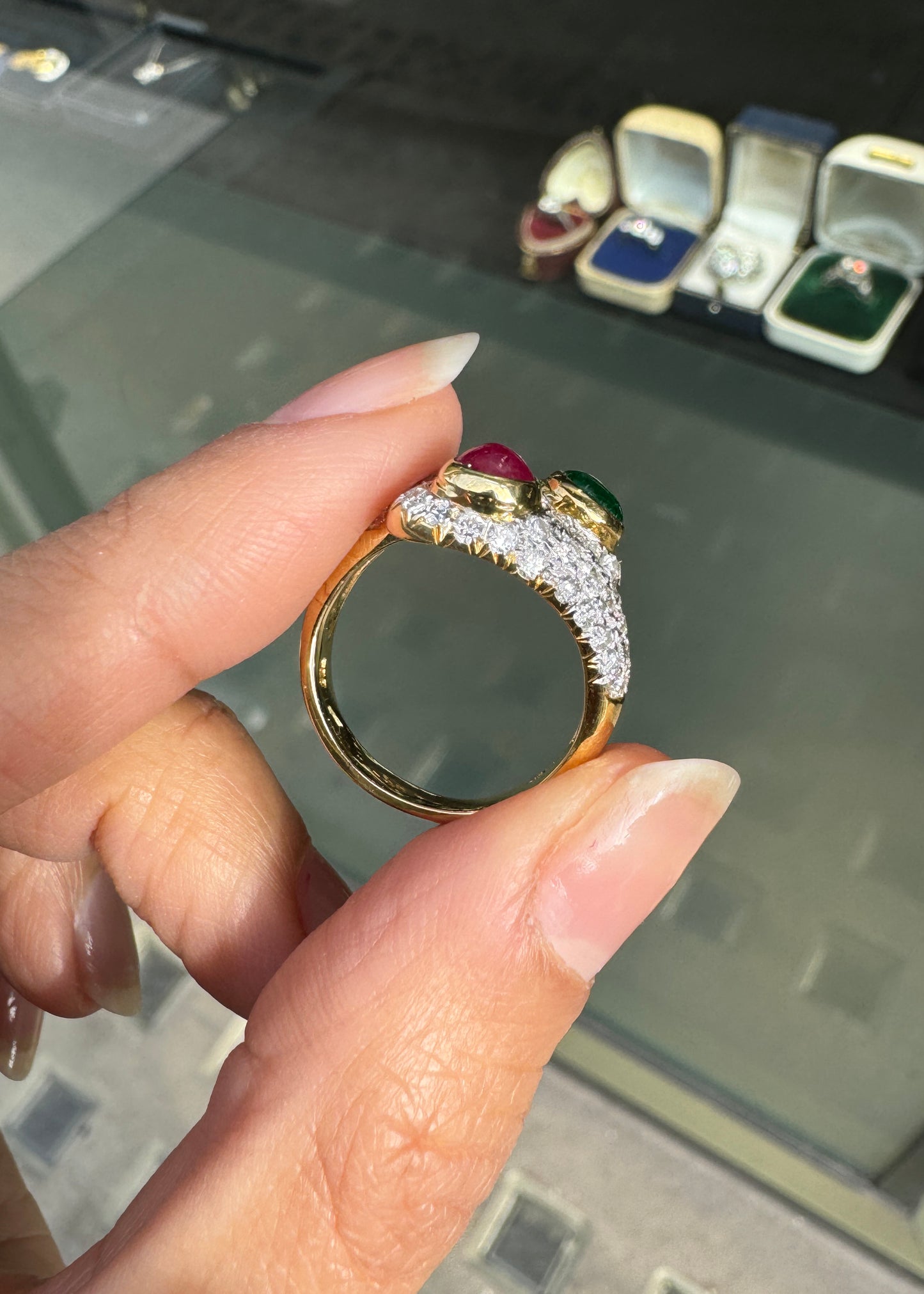 Ruby, Emerald and Diamond Toi et Moi Crossover Cocktail Ring in 18K Yellow Gold