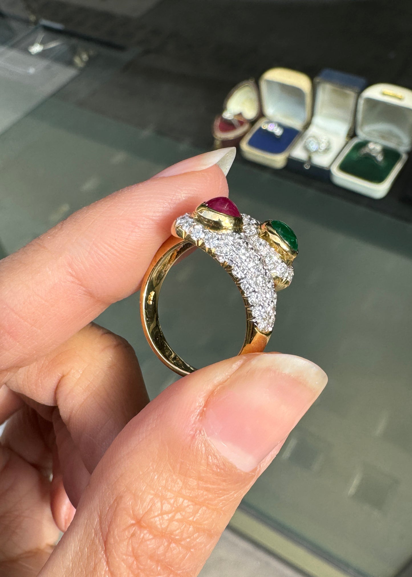 Ruby, Emerald and Diamond Toi et Moi Crossover Cocktail Ring in 18K Yellow Gold