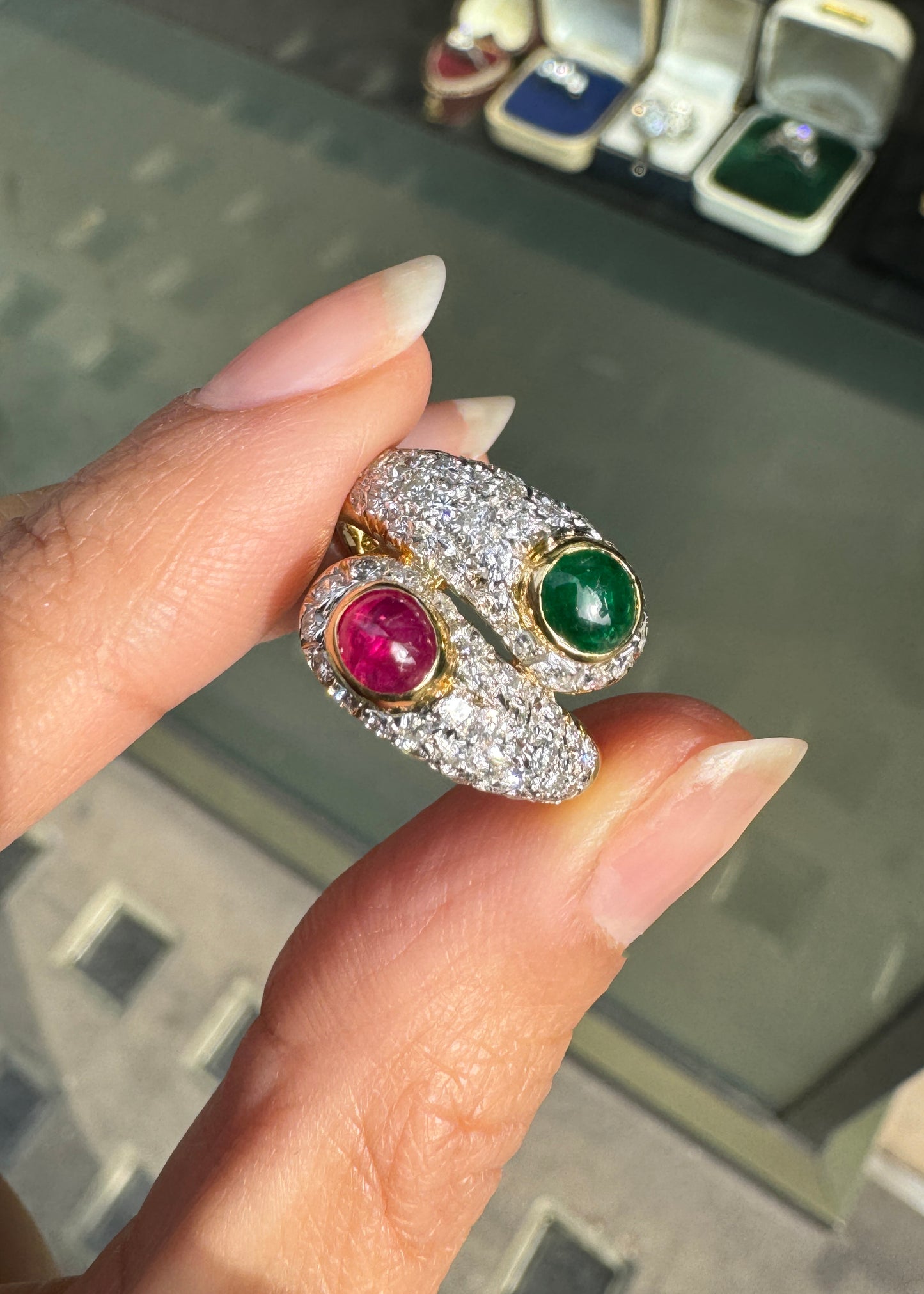 Ruby, Emerald and Diamond Toi et Moi Crossover Cocktail Ring in 18K Yellow Gold