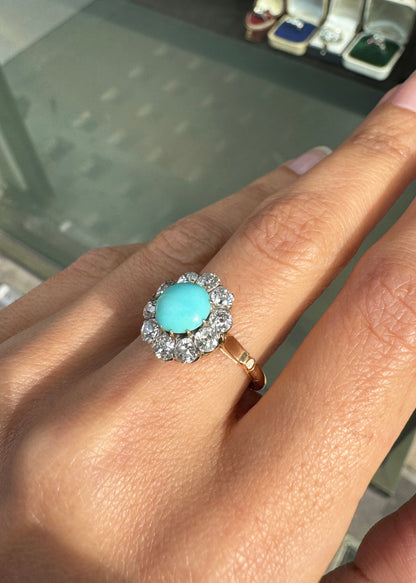 Cabochon Turquoise & Old Cut Diamond 18K Gold and Platinum Coronet Cluster Ring