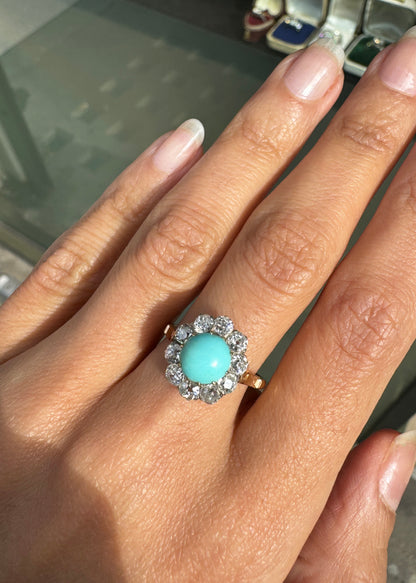 Cabochon Turquoise & Old Cut Diamond 18K Gold and Platinum Coronet Cluster Ring