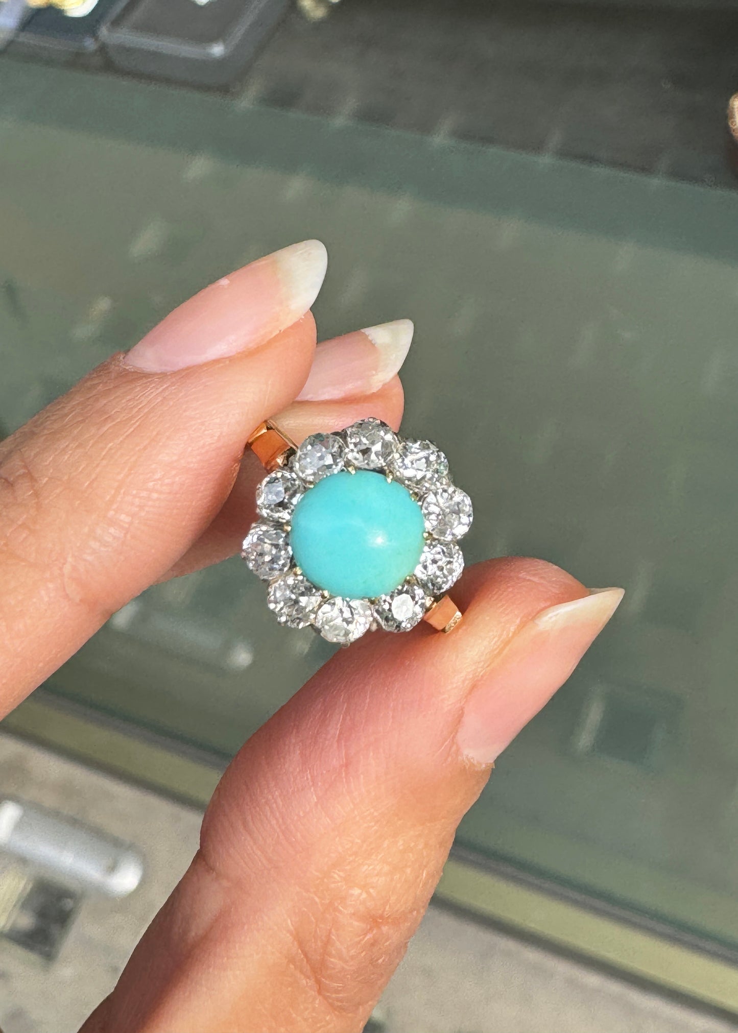Cabochon Turquoise & Old Cut Diamond 18K Gold and Platinum Coronet Cluster Ring