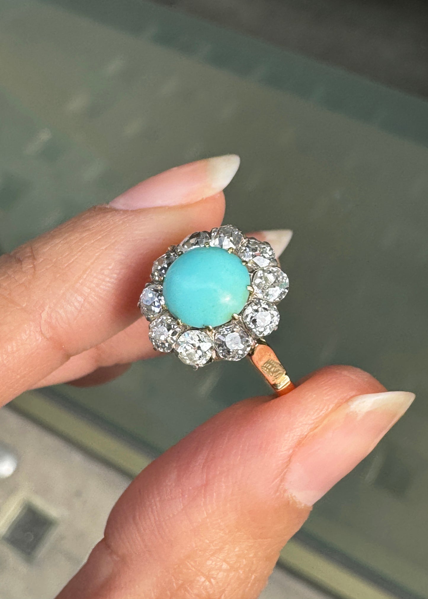 Cabochon Turquoise & Old Cut Diamond 18K Gold and Platinum Coronet Cluster Ring