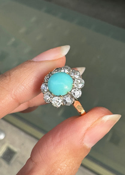 Cabochon Turquoise & Old Cut Diamond 18K Gold and Platinum Coronet Cluster Ring