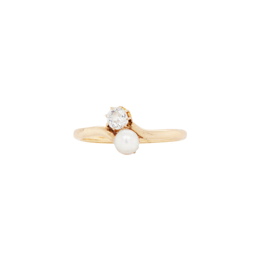 Old Mine Cut Diamond and Pearl Toi Et Moi Edwardian Ring in 18 Carat Yellow Gold