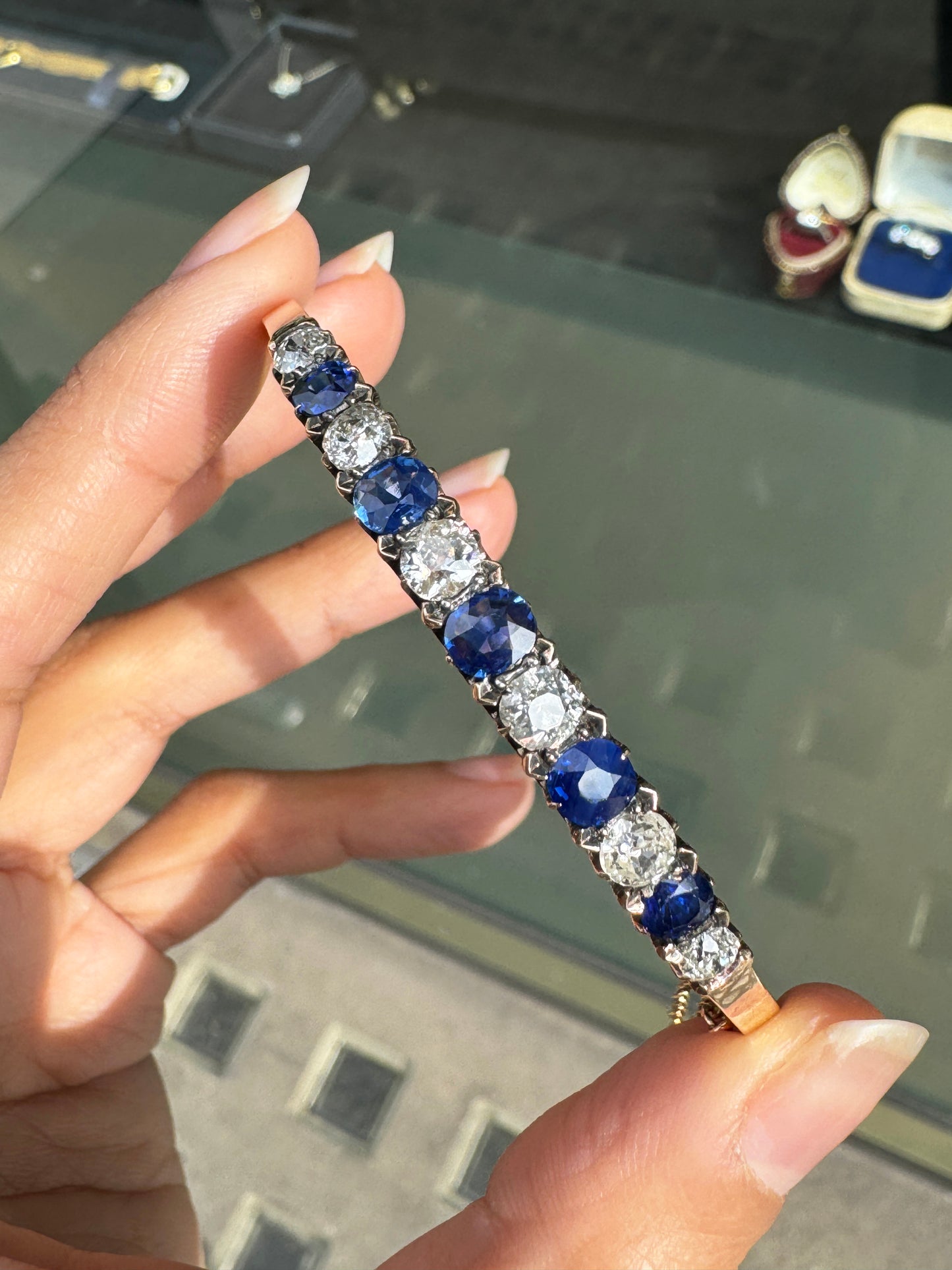 Late Victorian Blue Sapphire & Od Cut Diamond 18K Rose Gold Bangle, c.1880s