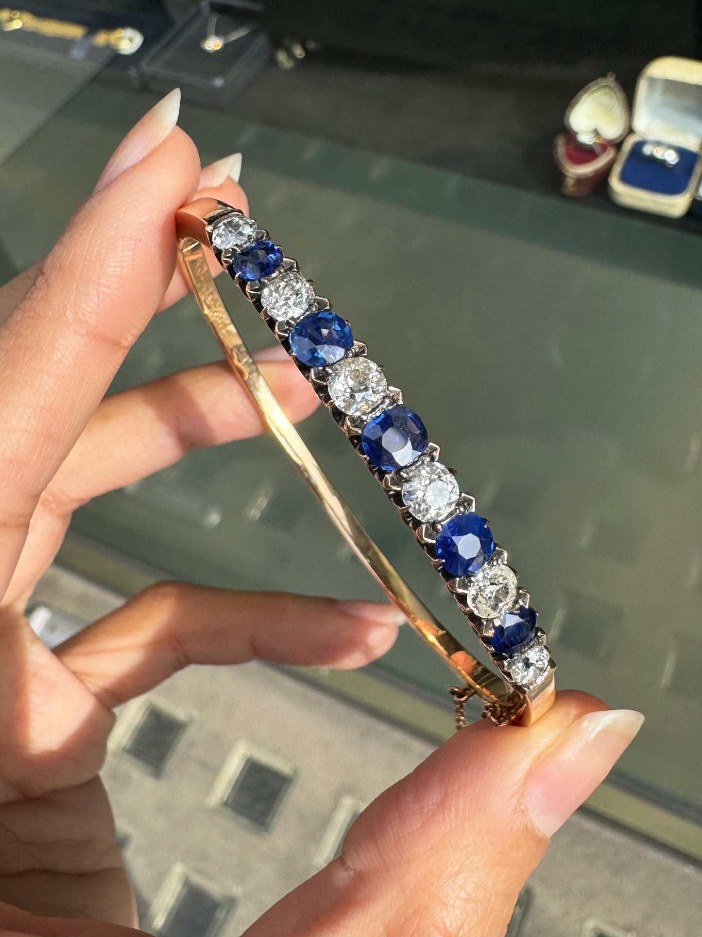 Late Victorian Blue Sapphire & Od Cut Diamond 18K Rose Gold Bangle, c.1880s