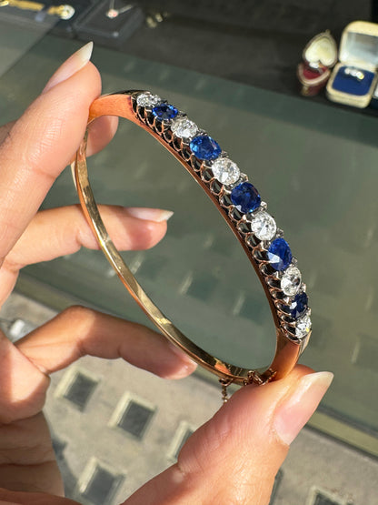 Late Victorian Blue Sapphire & Od Cut Diamond 18K Rose Gold Bangle, c.1880s