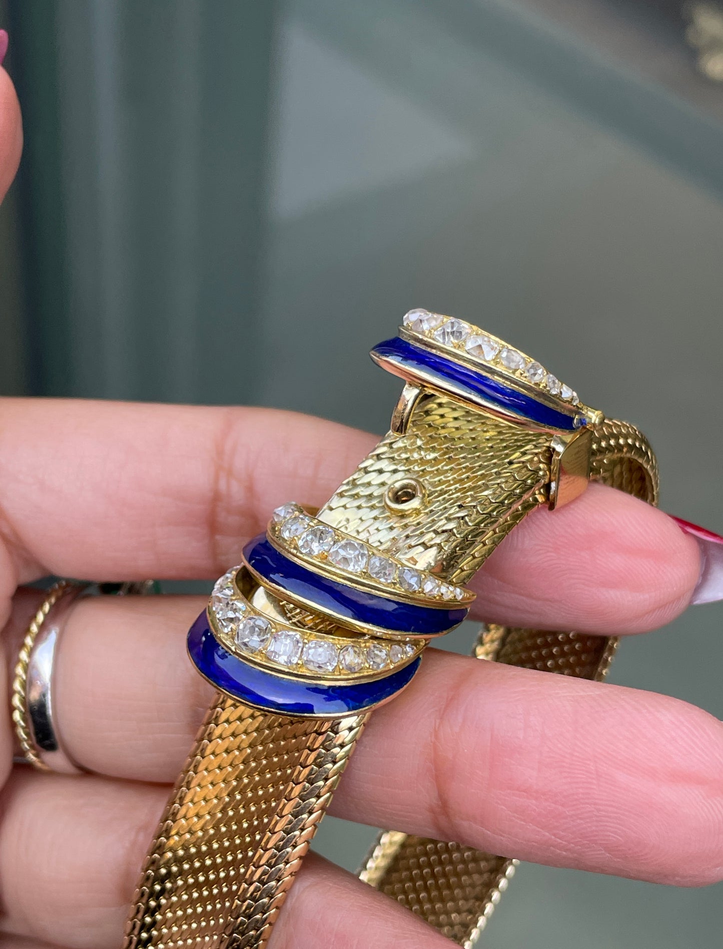 Enamel and Old Cut Diamond 18 Carat Yellow Gold Mesh Buckle Bracelet