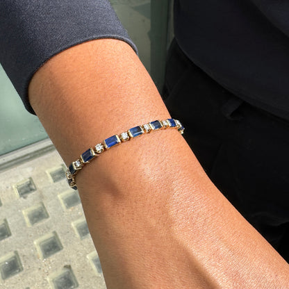 Blue Sapphire and Diamond 18 Carat Yellow Gold Tennis Bracelet