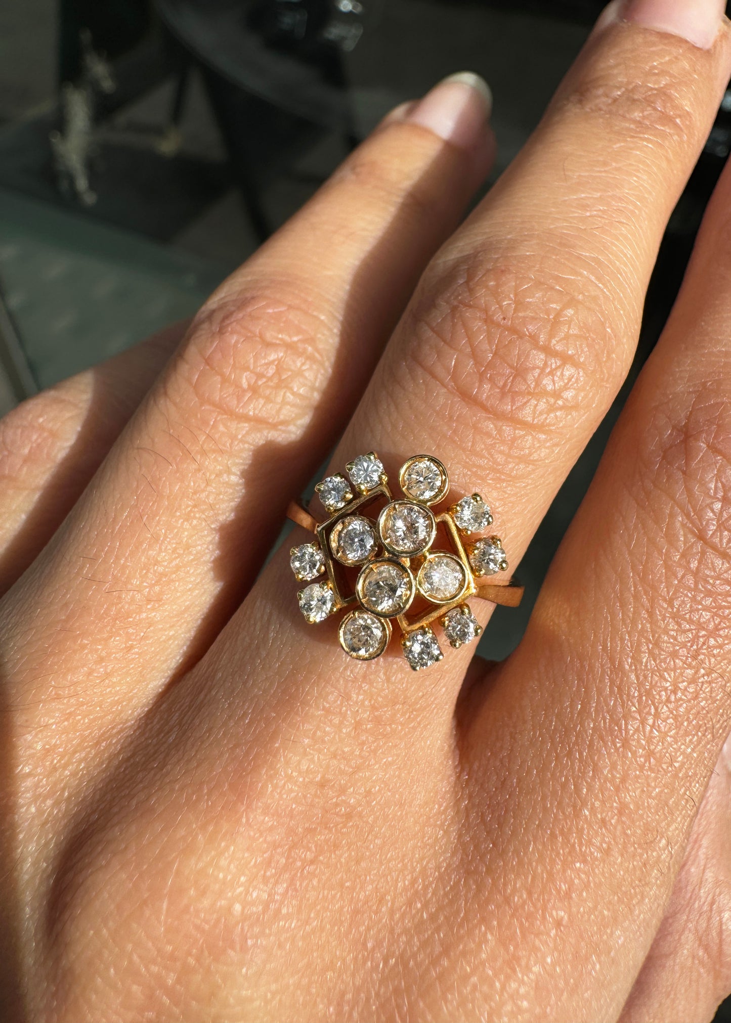 Vintage Diamond and 18 Carat Yellow Gold Abstract Cluster Dress Ring
