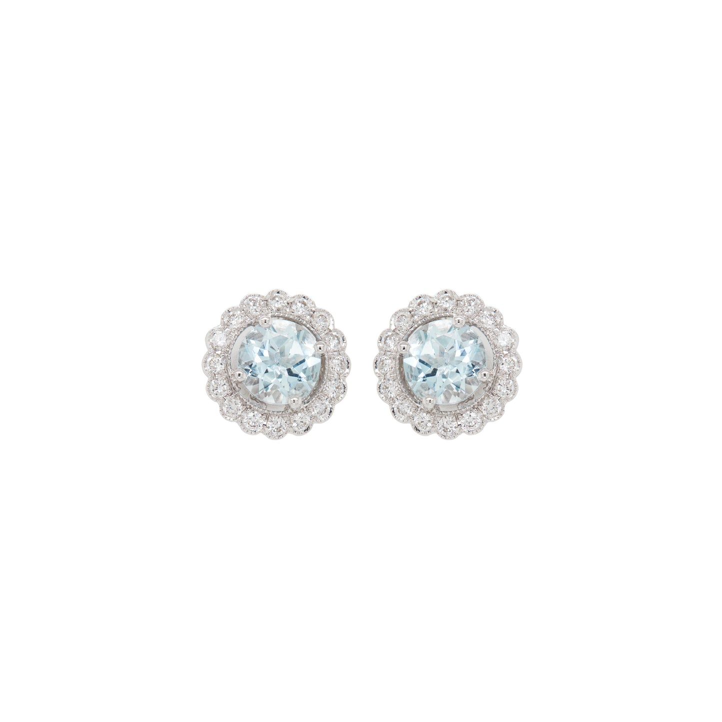 Aquamarine & Diamond Scalloped Halo Cluster Stud Earrings in 18K White Gold