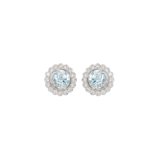 Aquamarine & Diamond Scalloped Halo Cluster Stud Earrings in 18K White Gold