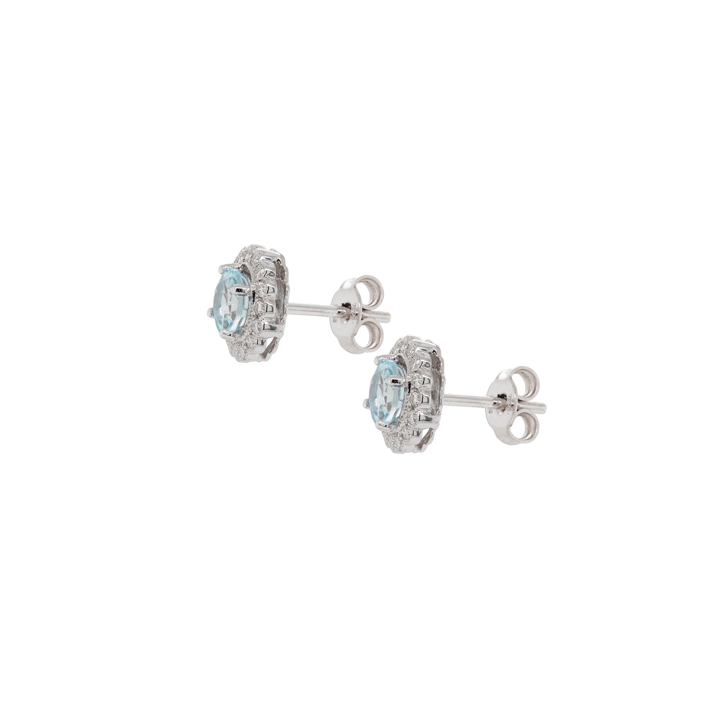 Aquamarine & Diamond Scalloped Halo Cluster Stud Earrings in 18K White Gold