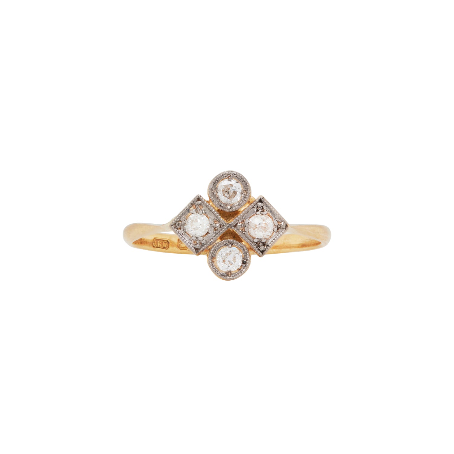 Art Deco 18 Carat Gold Old Cut Diamond Quatrefoil Ring, Year 1932