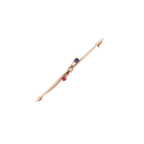 Antique Diamond, Sapphire & Ruby 9 Carat Rose Gold Bar Brooch, c.1910