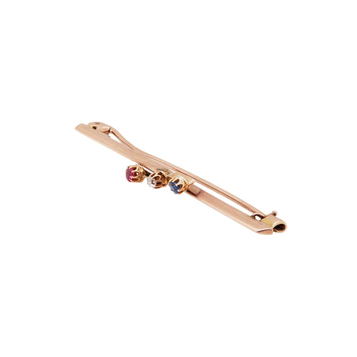 Antique Diamond, Sapphire & Ruby 9 Carat Rose Gold Bar Brooch, c.1910