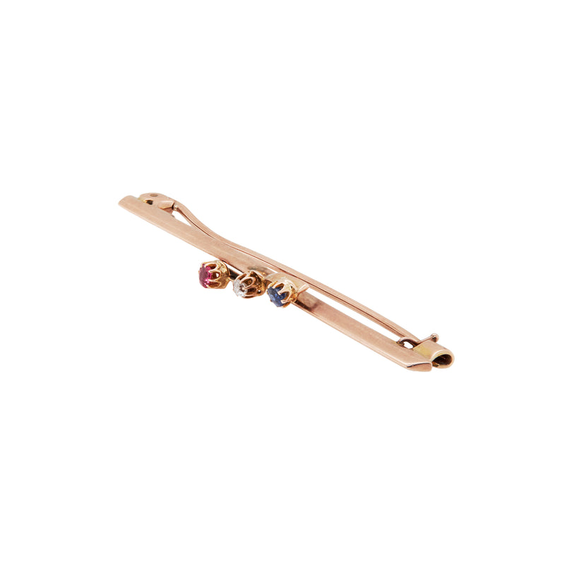 Antique Diamond, Sapphire & Ruby 9 Carat Rose Gold Bar Brooch, c.1910