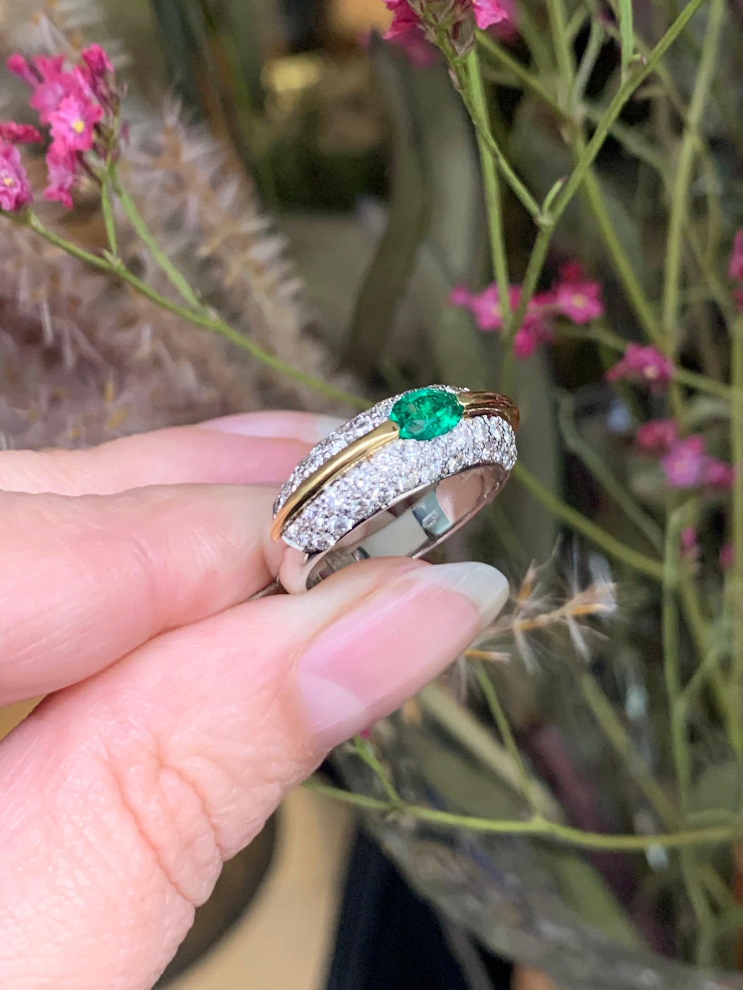 Emerald and Diamond Bombé Cluster 18 Carat Gold Dress Ring