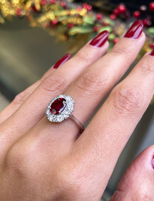 1.44 Carat Natural Ruby and Diamond Coronet Cluster Platinum Engagement Ring