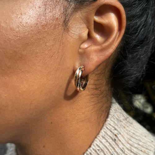 9 Carat Yellow, Rose and White Gold Trinity Screw-Back Vintage Hoop Earrings