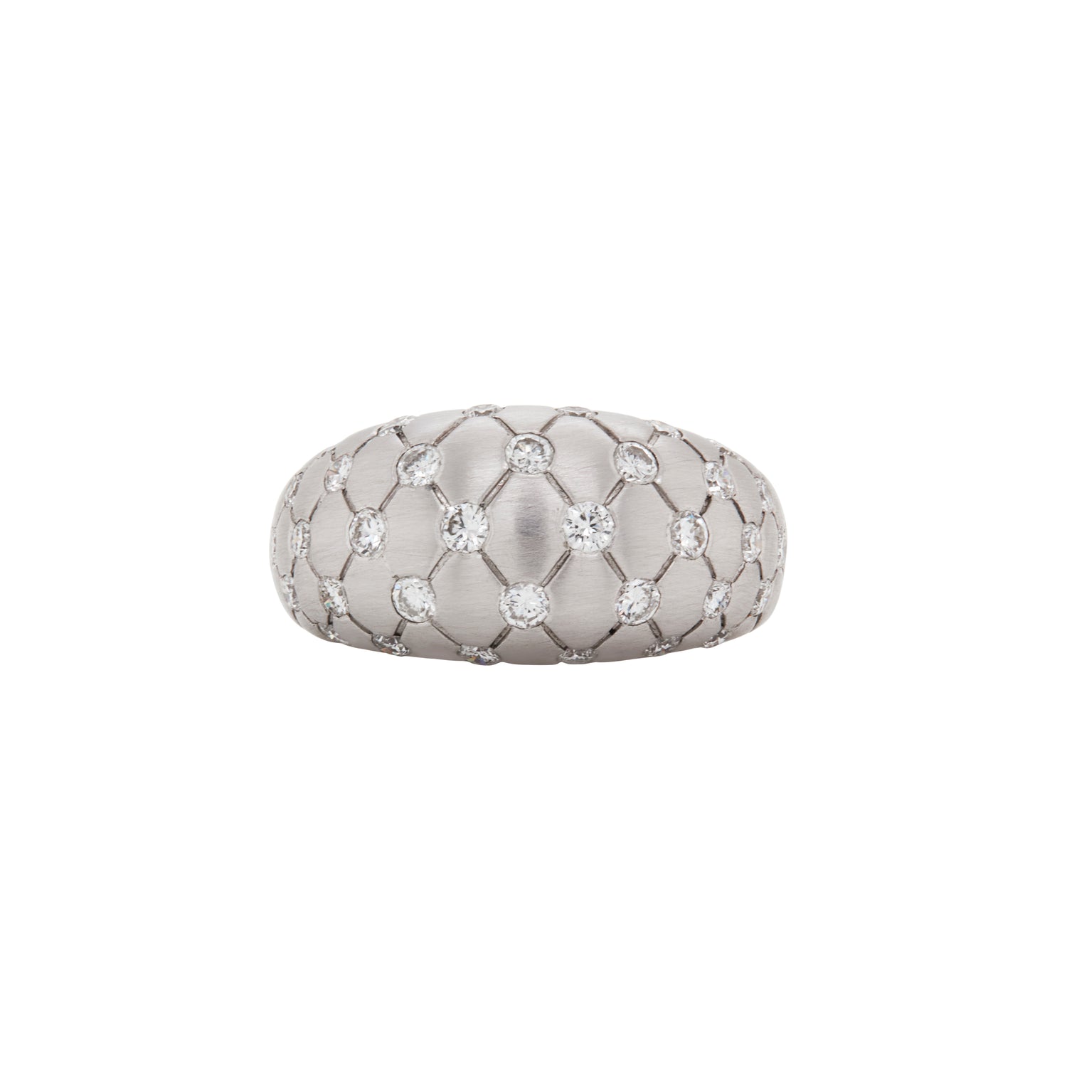 Diamond and Brushed 18 Carat White Gold Quilted Tapered Dome Ring