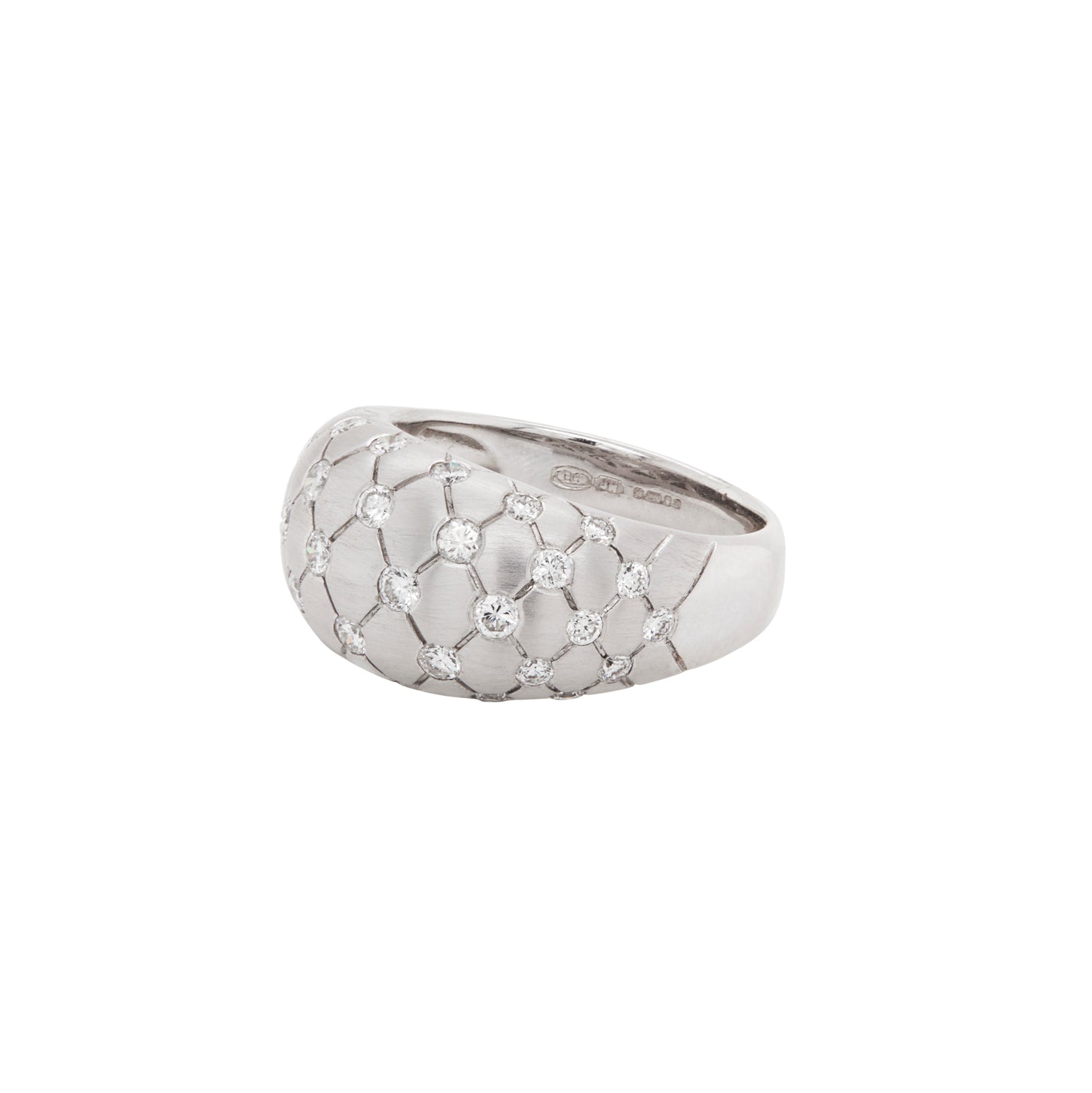 Diamond and Brushed 18 Carat White Gold Quilted Tapered Dome Ring