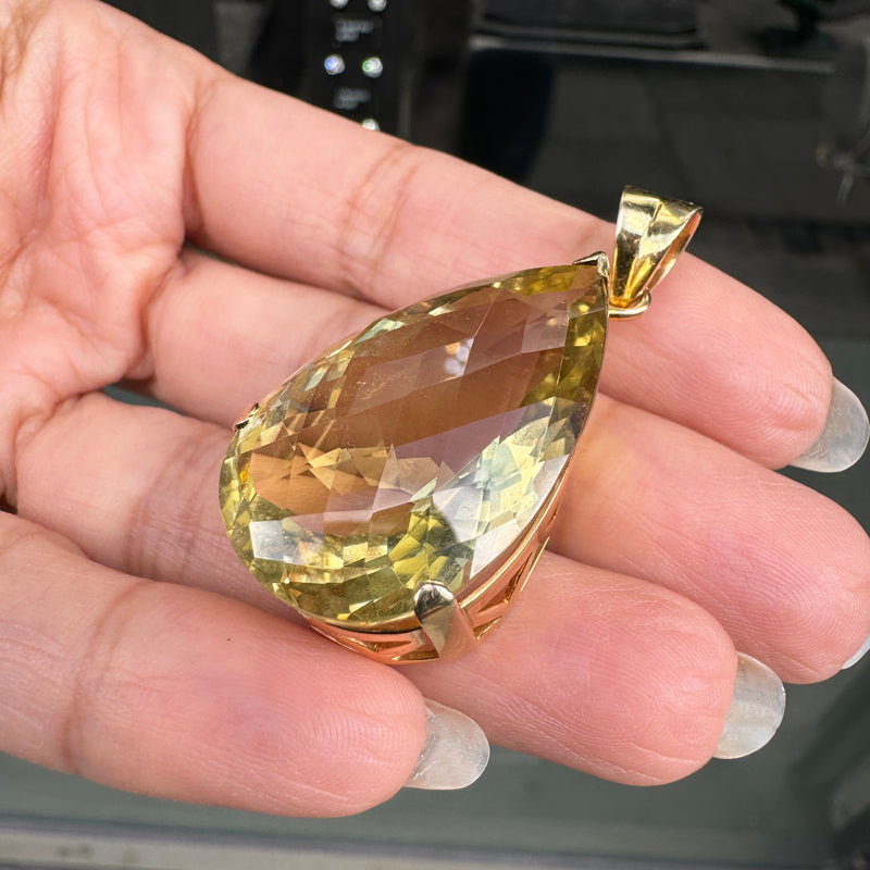 Pear Shaped Chequerboard Cut Scapolite 14 Carat Yellow Gold Pendant