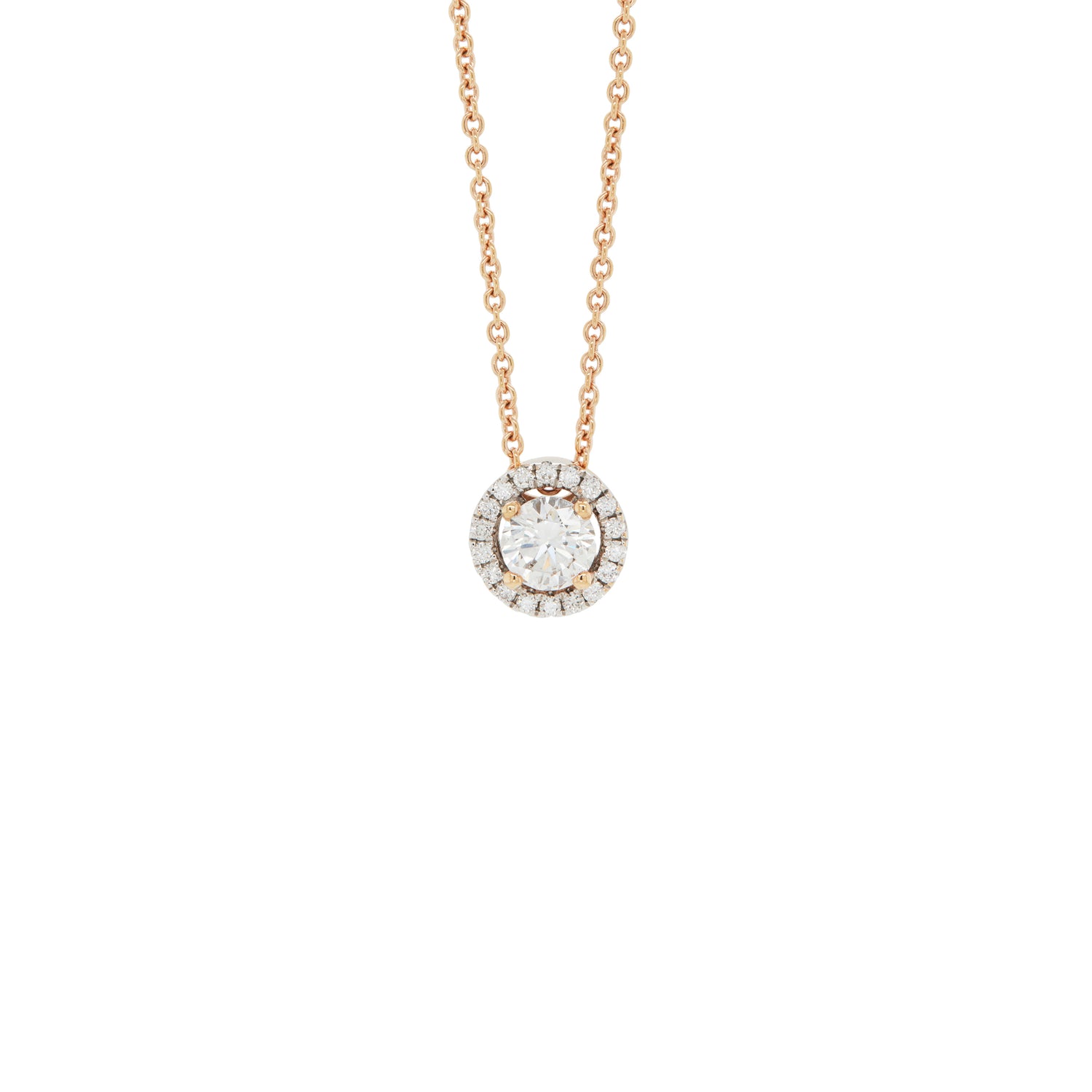 0.41ct E VS1 Diamond 18 Carat Rose and White Gold Halo Cluster Pendant and Chain