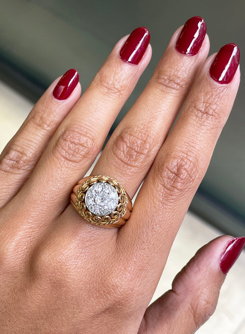 Vintage 18 Carat Gold Old Cut Diamond Round Cluster Dome Ring, Circa 1940s