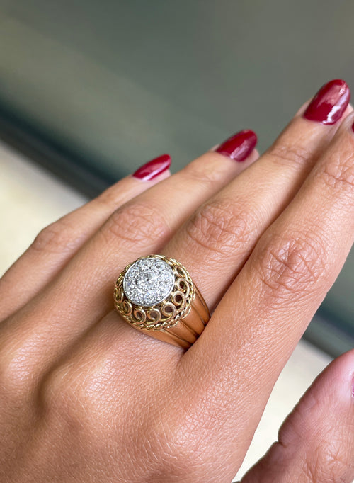 Vintage 18 Carat Gold Old Cut Diamond Round Cluster Dome Ring, Circa 1940s