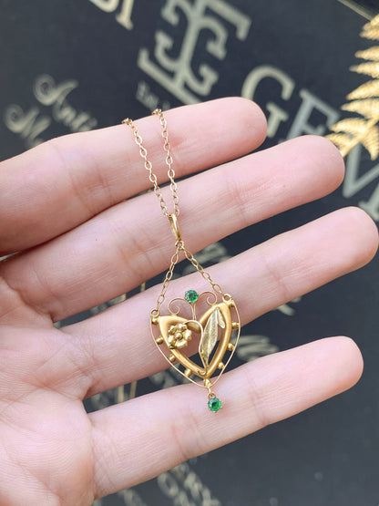 Antique 9K Yellow Gold Heart Shape Open Work Floral Drop Pendant & Chain, 1890s