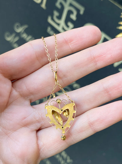 Antique 9K Yellow Gold Heart Shape Open Work Floral Drop Pendant & Chain, 1890s