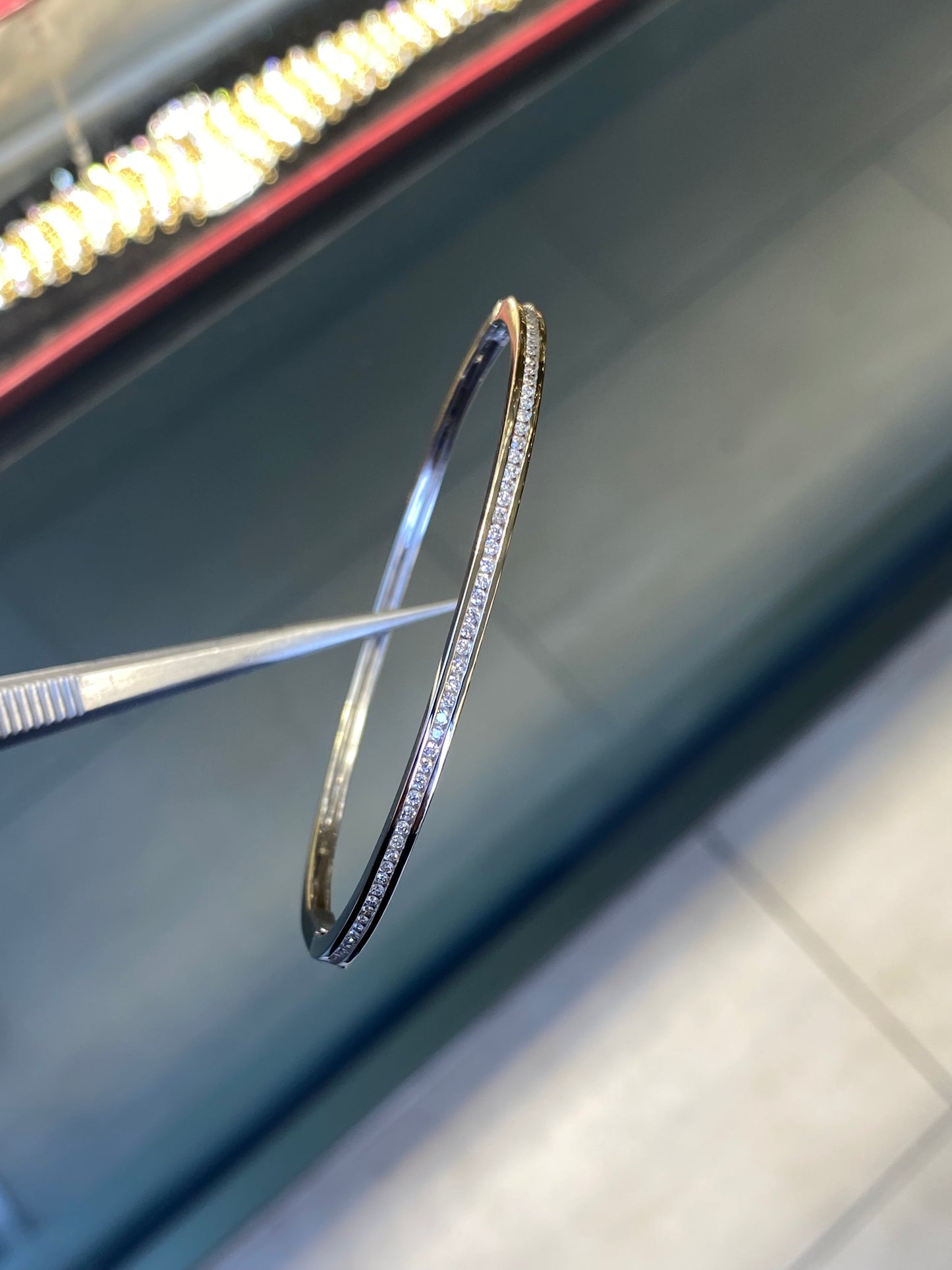 Diamond and 18 Carat White Gold Thin Bangle Bracelet