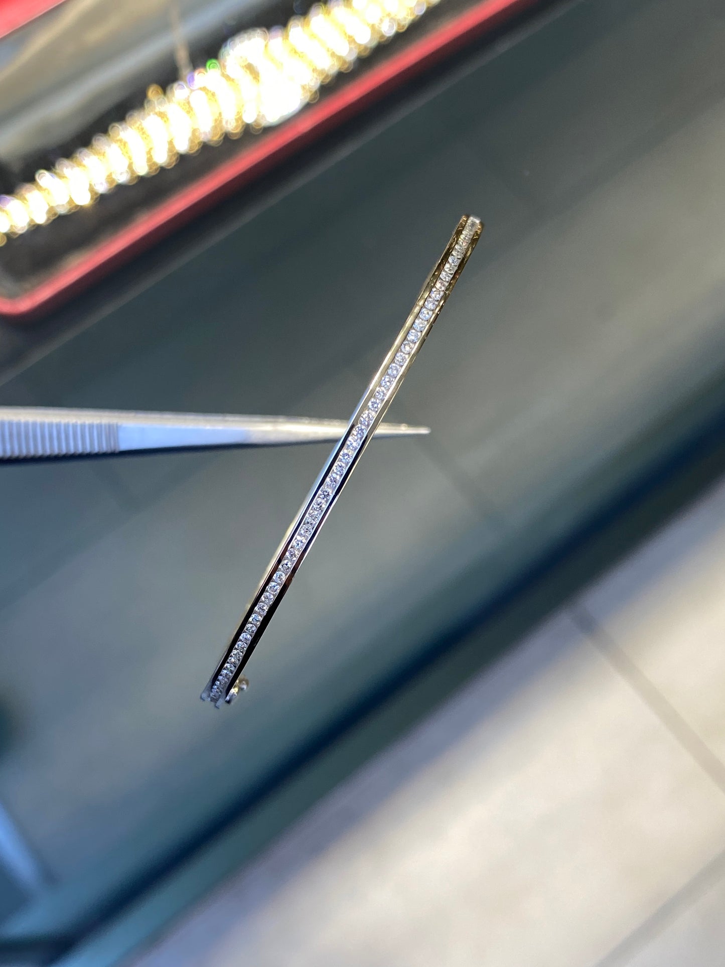 Diamond and 18 Carat White Gold Thin Bangle Bracelet