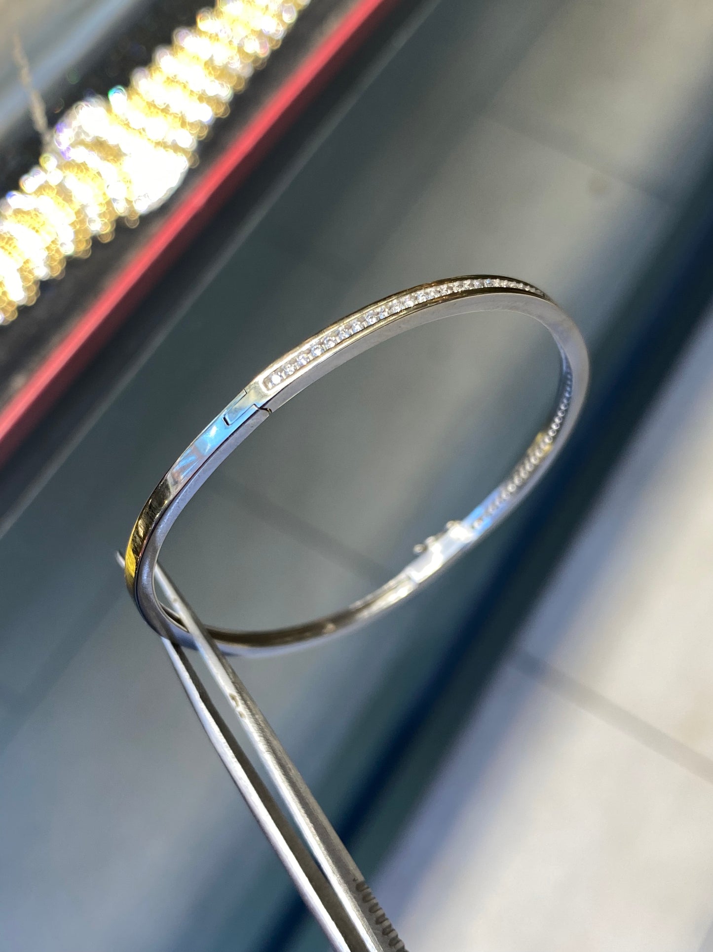 Diamond and 18 Carat White Gold Thin Bangle Bracelet