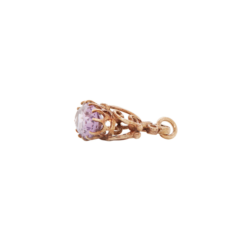 Vintage Oval Amethyst and 9 Carat Rose Gold Open Work Fixed Fob Charm, 1988